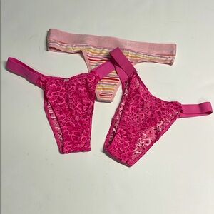 2 VICTORIA’S SECRET BRAZILIAN HOT PINK LACE CHEEKY PANTIES & 1 STRIPED THONG
